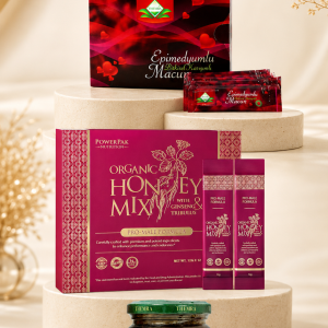 Présentation des produits Elavita avec Macun Epimedium, Honey Mix et Macun en pot dans une mise en scène élégante aux tons crème et dorés.