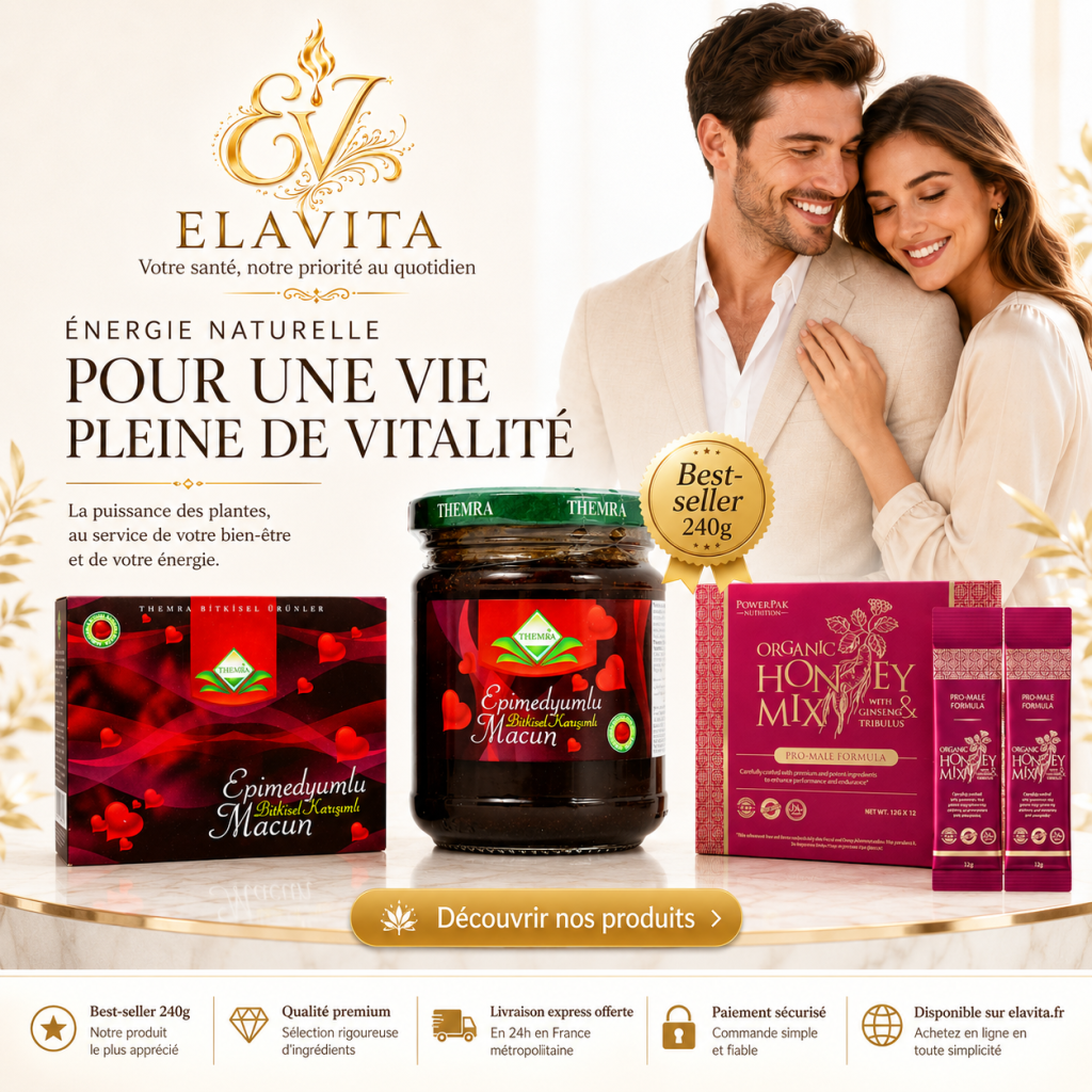 Elavita – Énergie Découvrez l’univers Elavita et ses produits premium, avec le Macun Epimedyumlu 240g best-seller, aux côtés du Macun Epimedyumlu en boîte et du Organic Honey Mix.