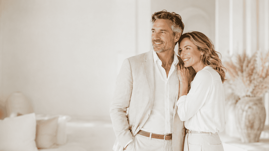 Couple élégant et souriant dans un intérieur clair, représentant la confiance, la vitalité, le bien-être intime et l’harmonie dans le couple.