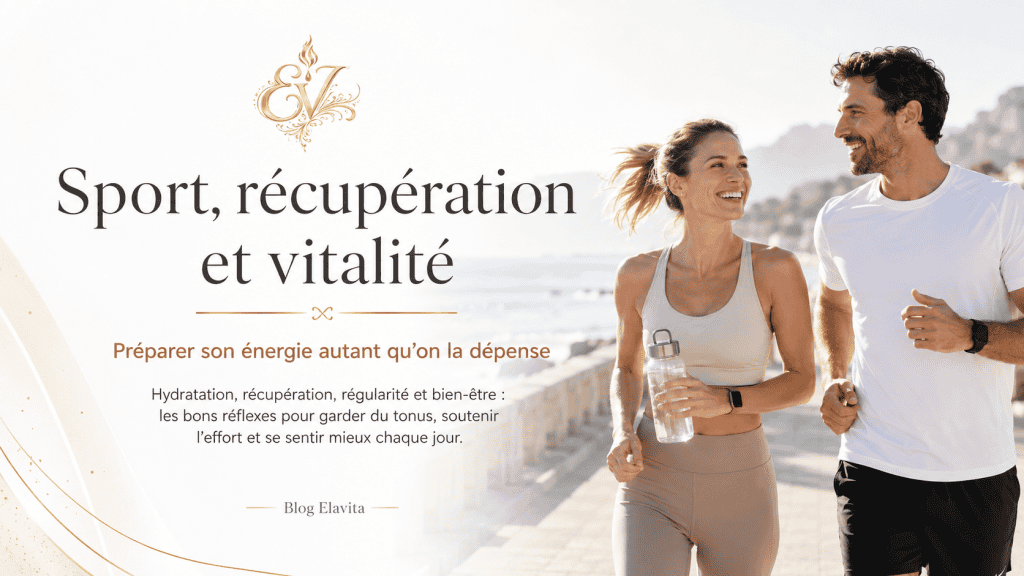 Couple sportif souriant en extérieur, illustrant l’énergie, la récupération, la vitalité, le mouvement et le bien-être physique.