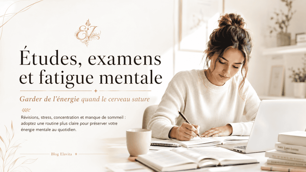 Étudiante concentrée à son bureau avec ordinateur et livres, illustrant le stress des études, la fatigue mentale, la concentration et le besoin d’énergie.