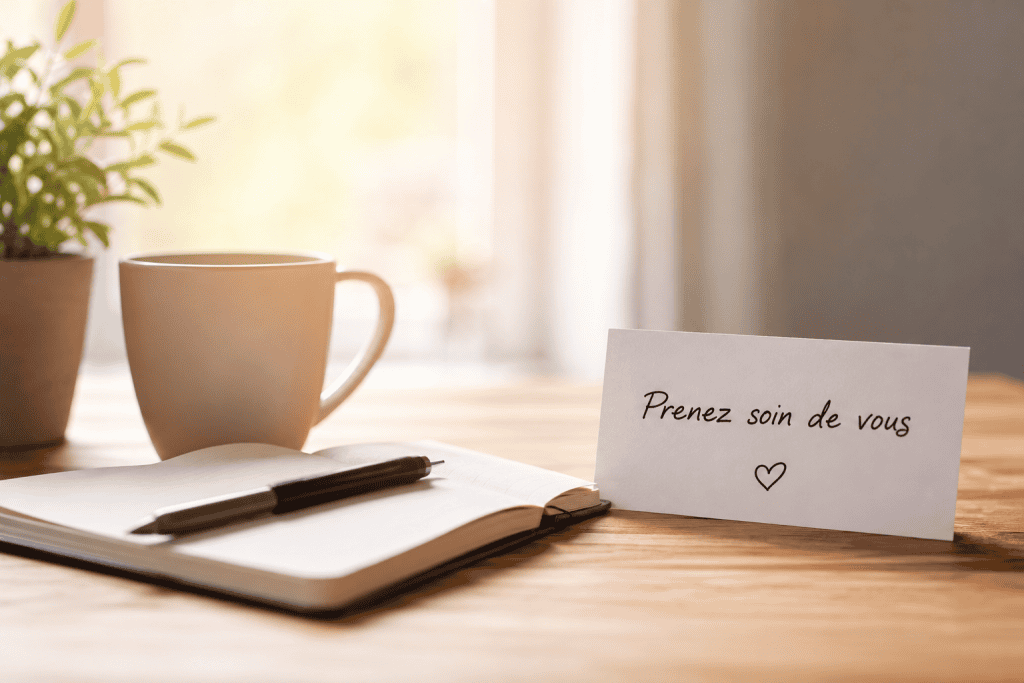 Carnet ouvert, tasse chaude et carte avec le message “Prenez soin de vous”, dans une ambiance douce et lumineuse symbolisant le repos, la récupération et le bien-être.