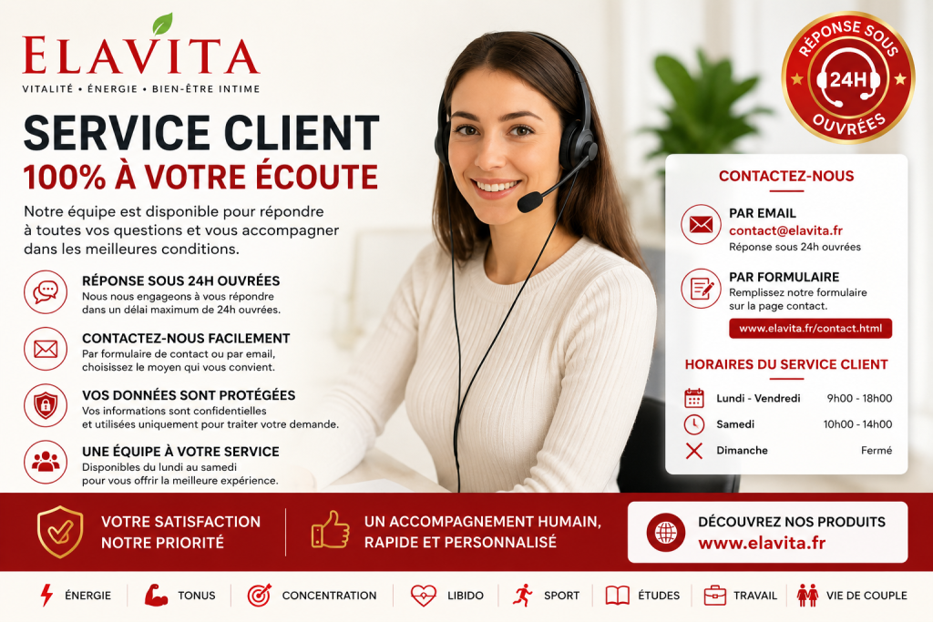 **Service client Elavita : contactez une équipe réactive via elavita.fr/contact.html et recevez une réponse sous 24h ouvrées pour vos commandes, produits, retours, questions techniques et demandes B2B.**