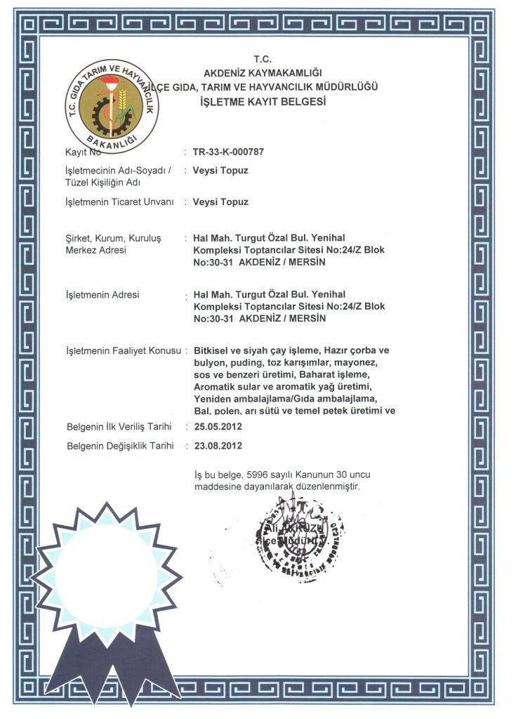 Document turc d’enregistrement de l’établissement Veysi Topuz, référence TR-33-K-000787, daté de 2012