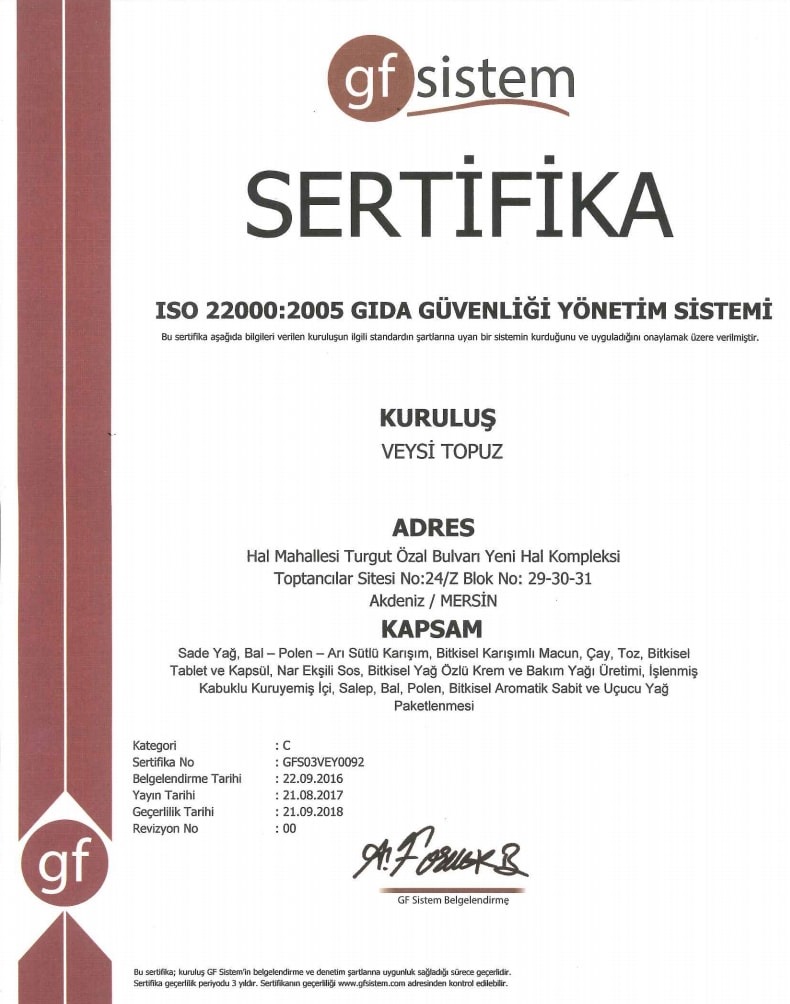 Certificat ISO 22000:2005 GFS03VEY0092 au nom de Veysi Topuz, document historique expiré en septembre 2018