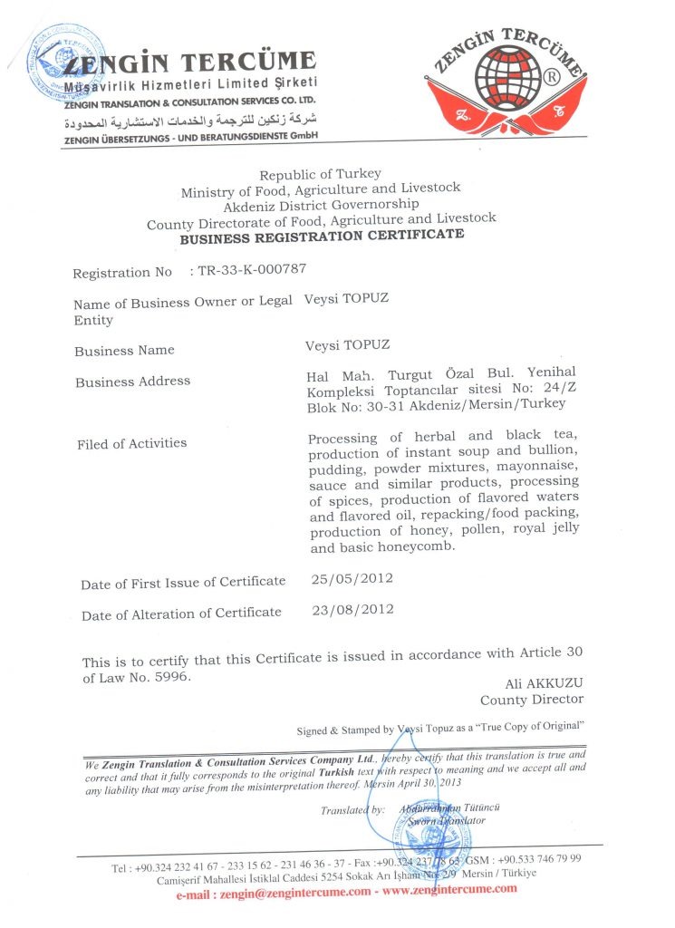 Traduction anglaise du document d’enregistrement de l’établissement Veysi Topuz, référence TR-33-K-000787