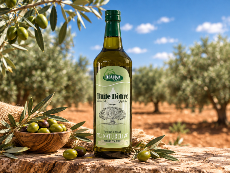 Bouteille entière d’huile d’olive Elbahdja Oasis dans un décor d’oliveraie.